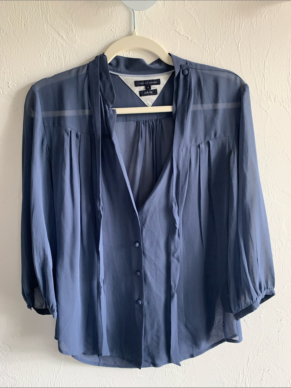 Tommy Hilfiger Navy Silk Tie-Neck Button Blouse